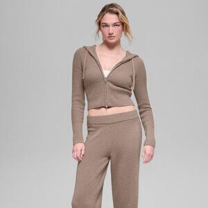 Alo Yoga Cashmere Ribbed Noble Full Zip Hoodie  Chai Latte